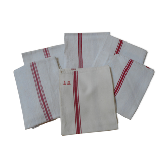Lot of 5 old red-liteat tea towels