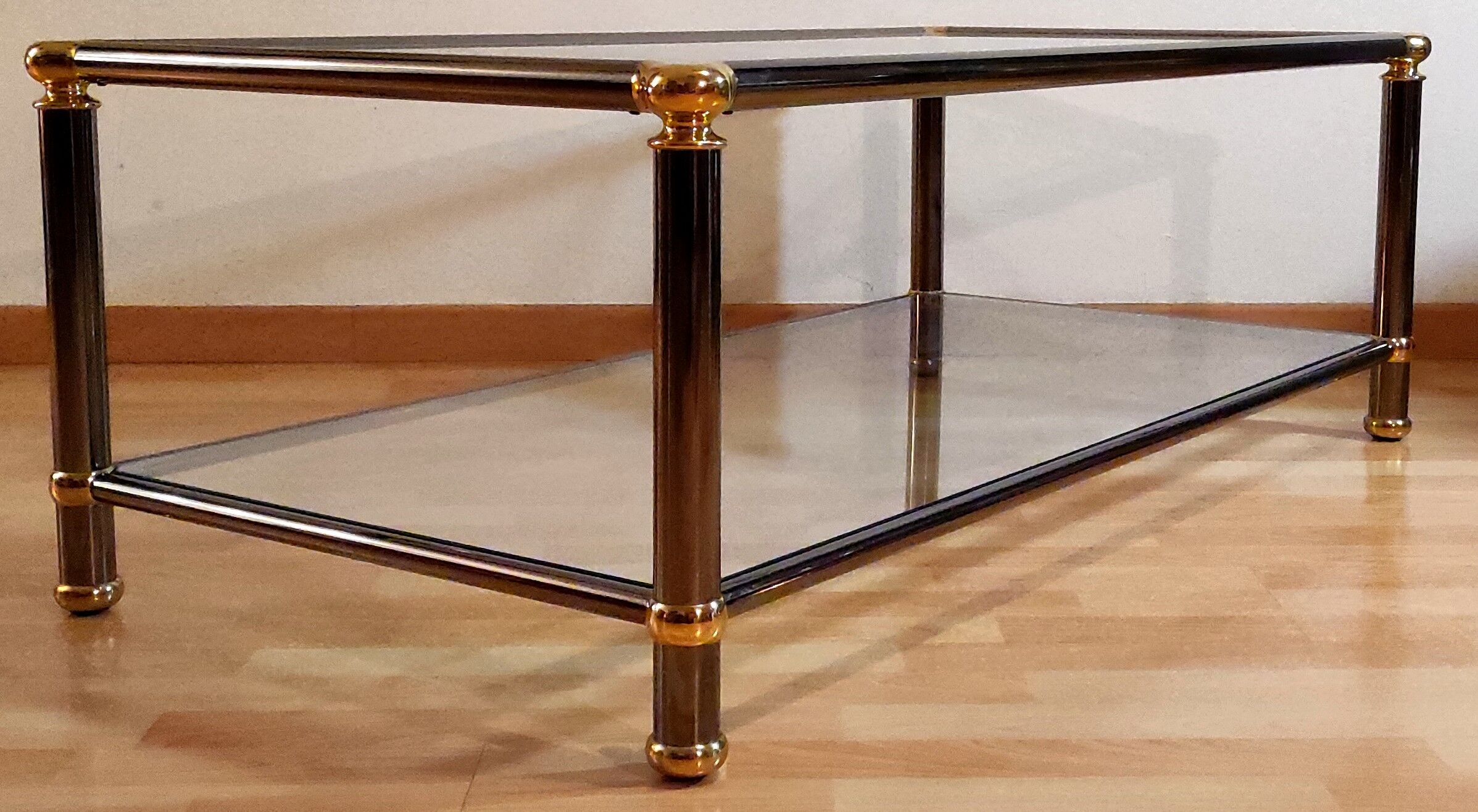 Hollywood regency gold metal & smoked silver coffee table, cut glass