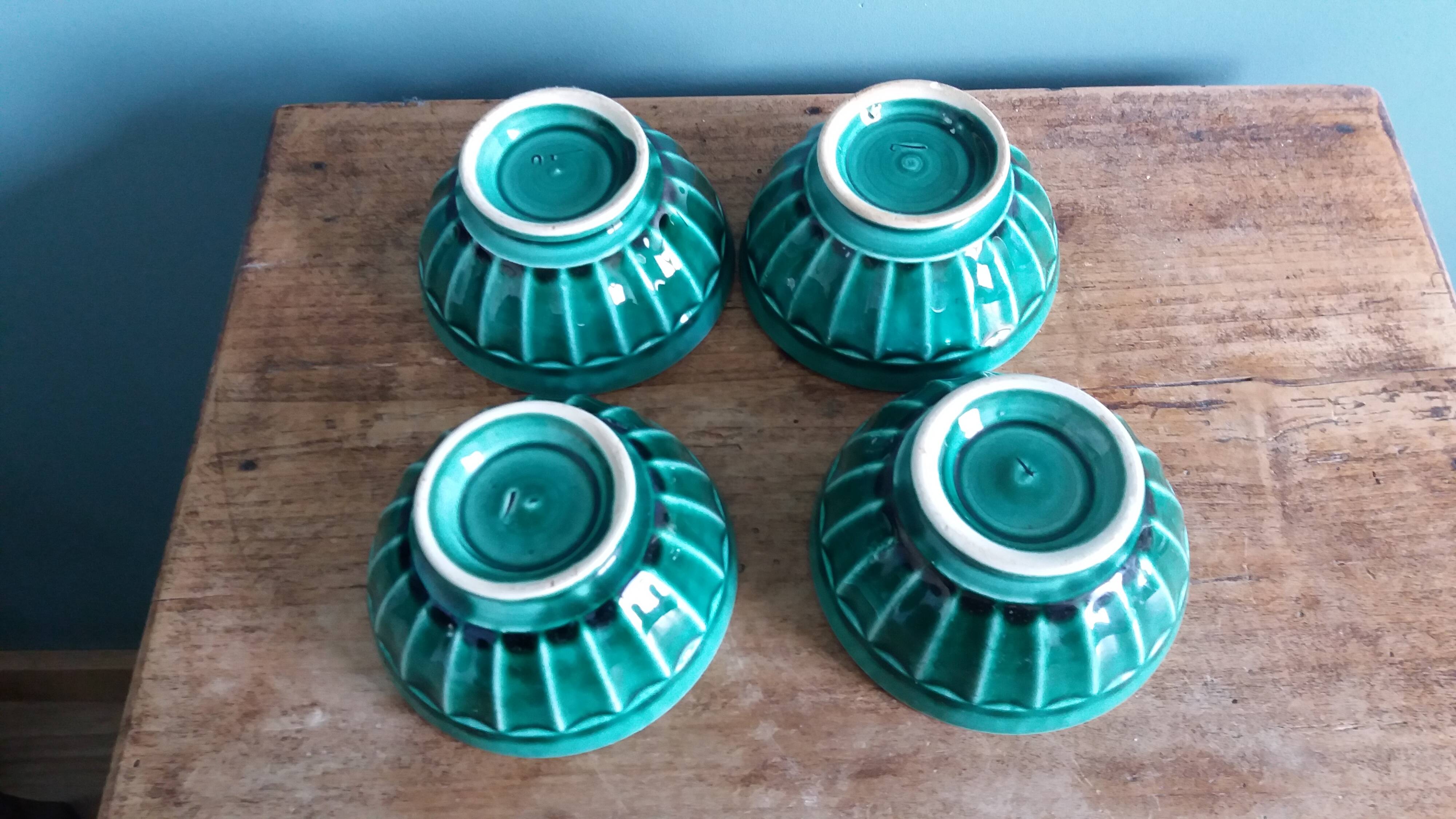 Emerald green glazed ceramic ribbed bowls