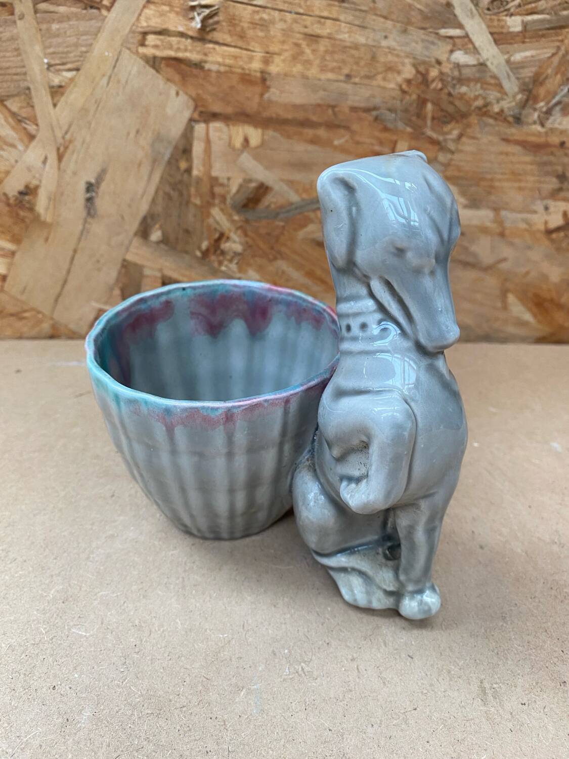 Old grey ceramic greyhound decor pot vintage