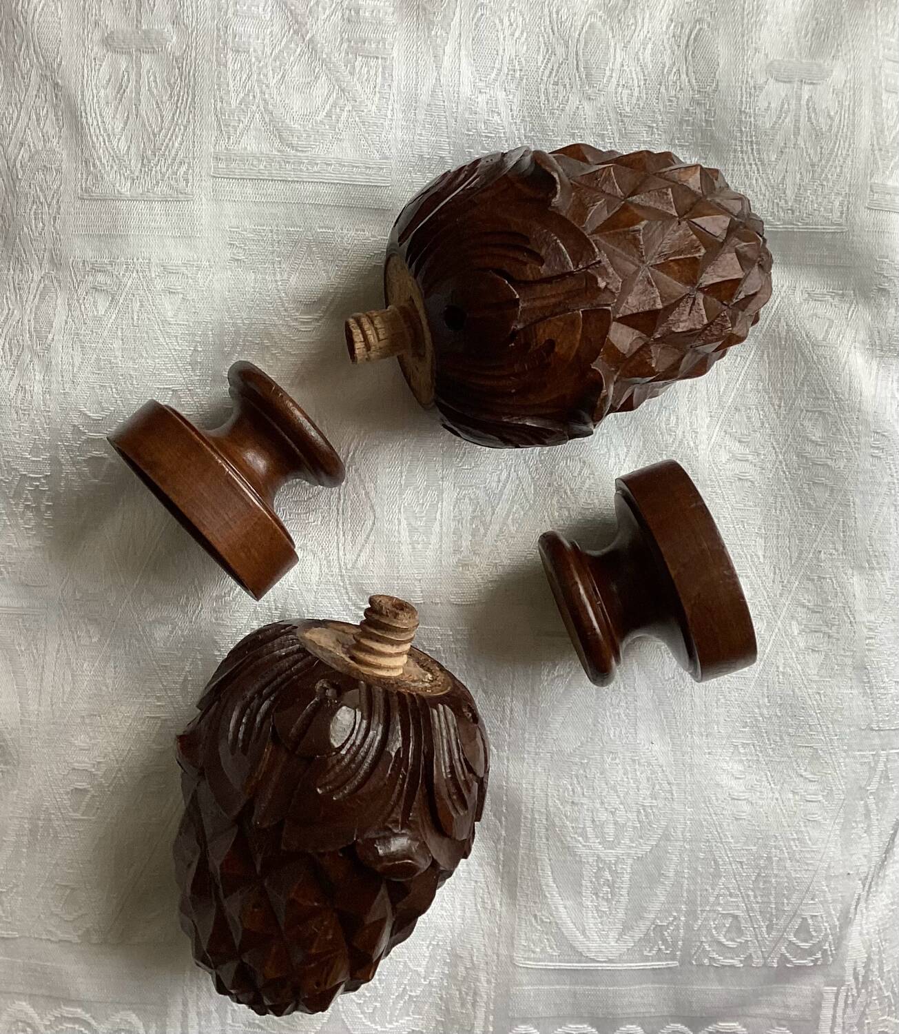 Set of 2 old pine cone shaped wooden tips
