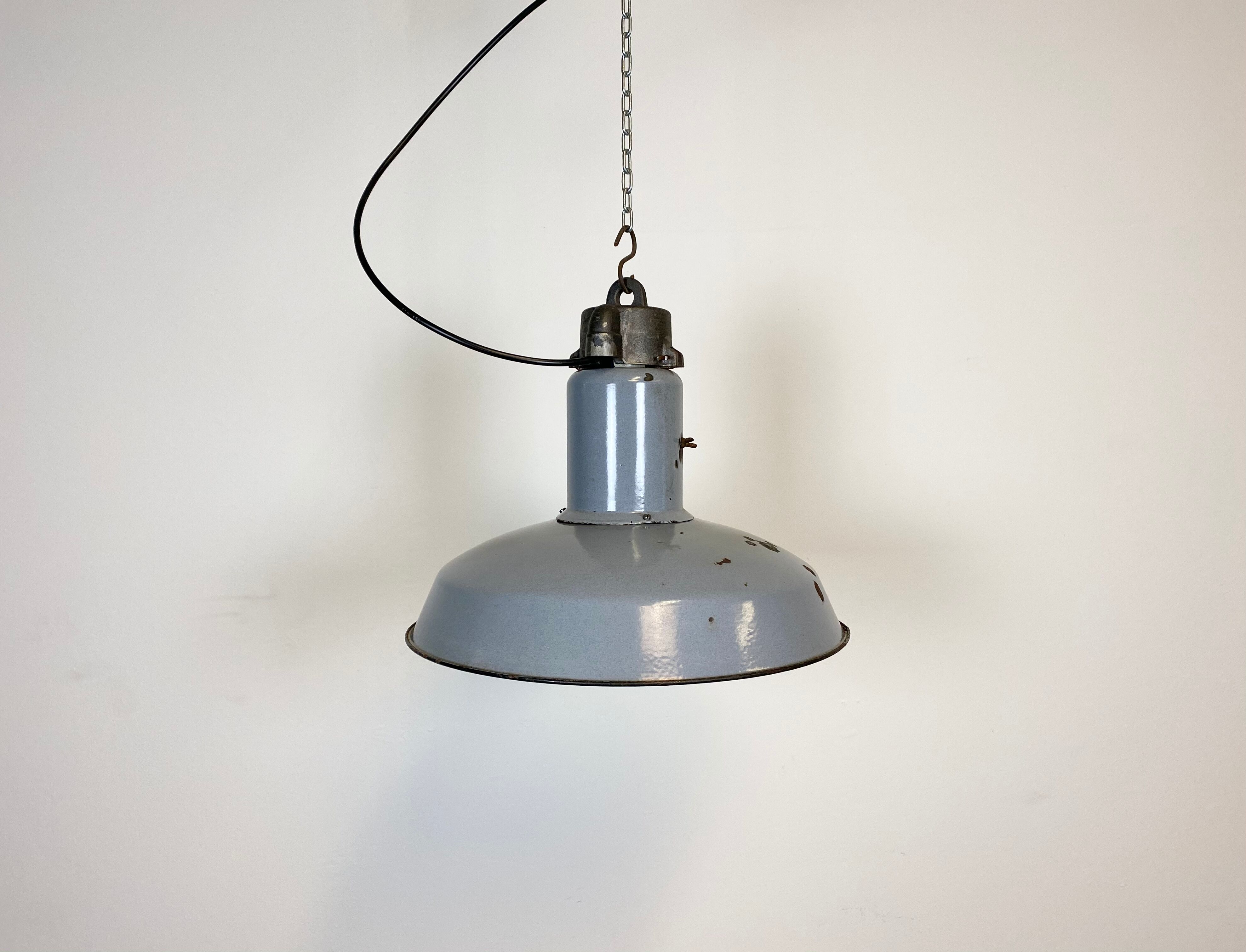 Midcentury grey enamel industrial ceiling lamp, 1950s