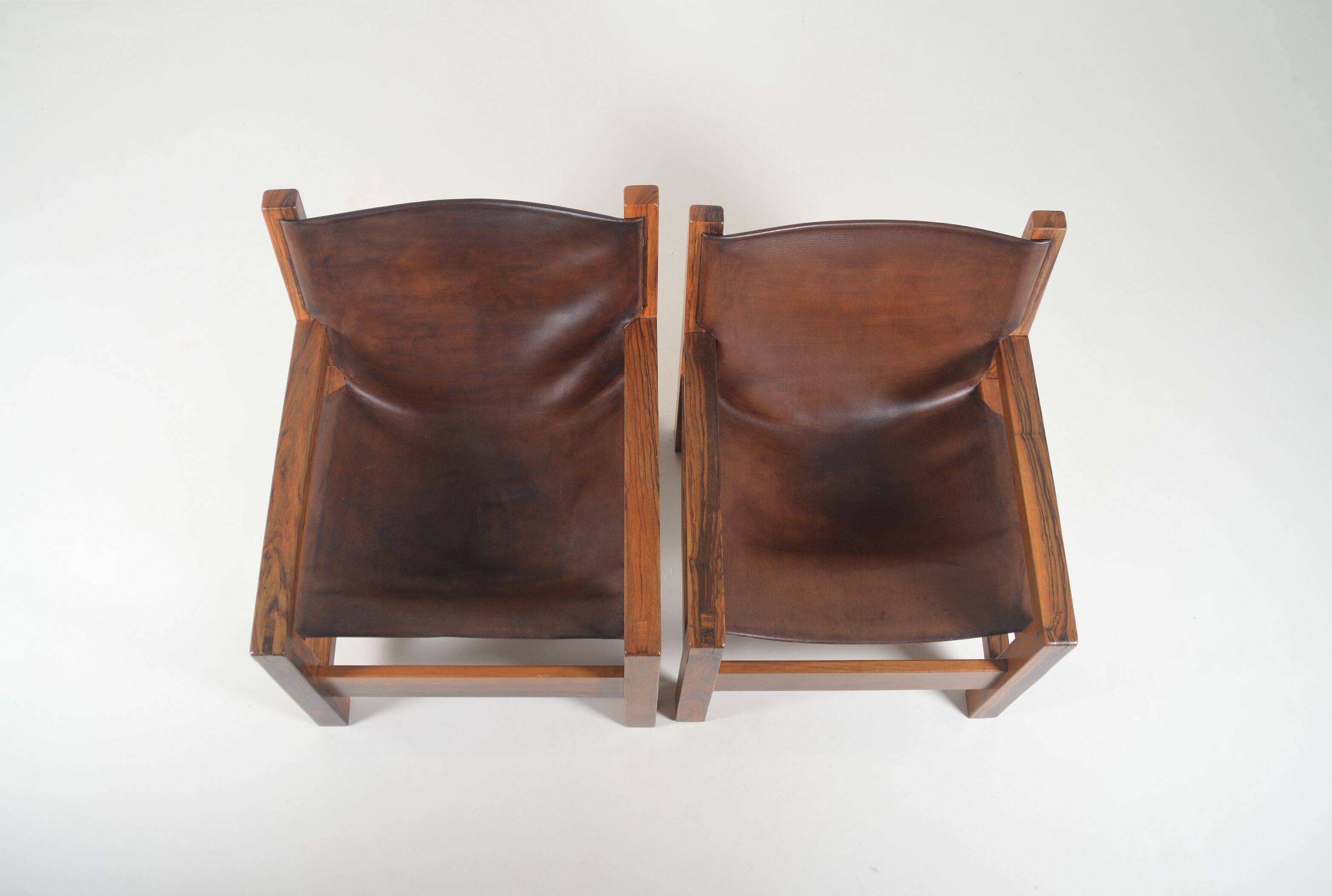 Set of French armchairs in olive wood with saddle leather, 1970s