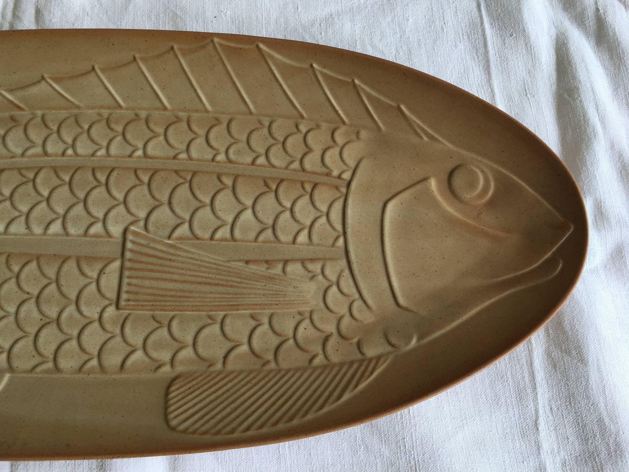 Very large fish dish stamped “Grès CNP Village France”