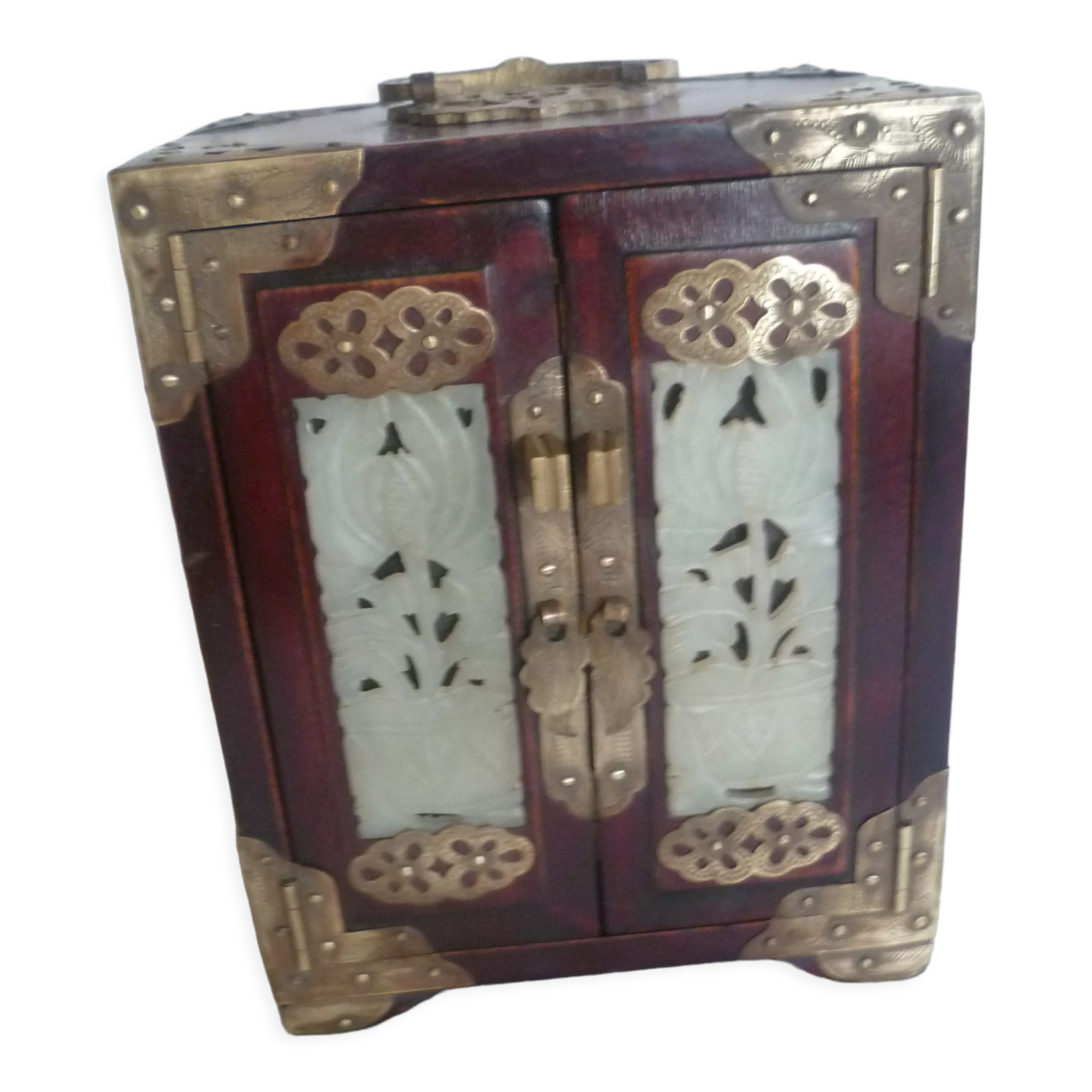 Mother-of-pearl wood jewelry box & chinoiserie brass