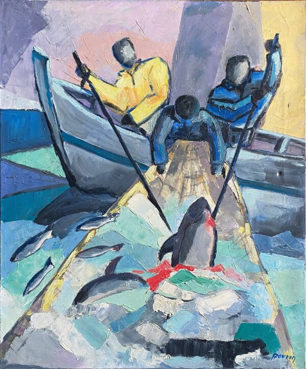 Tableau HST Africaniste Orientaliste ''Pêche aux thons'' signé post cubiste