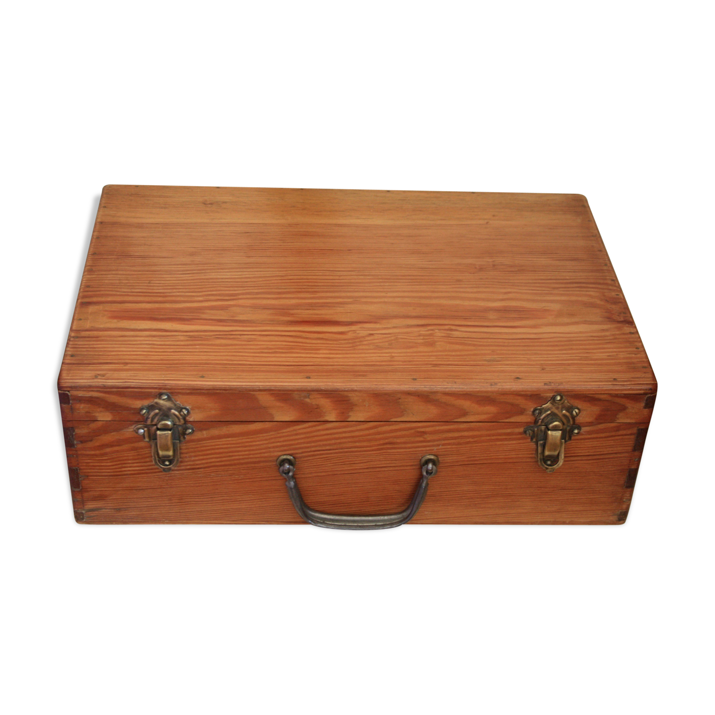 Valise en bois massif fermoirs laiton poignée métal et cuir
