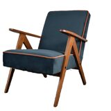 Chaise compas restaurée, tissu jaune canari, fil orange, teck, 1960