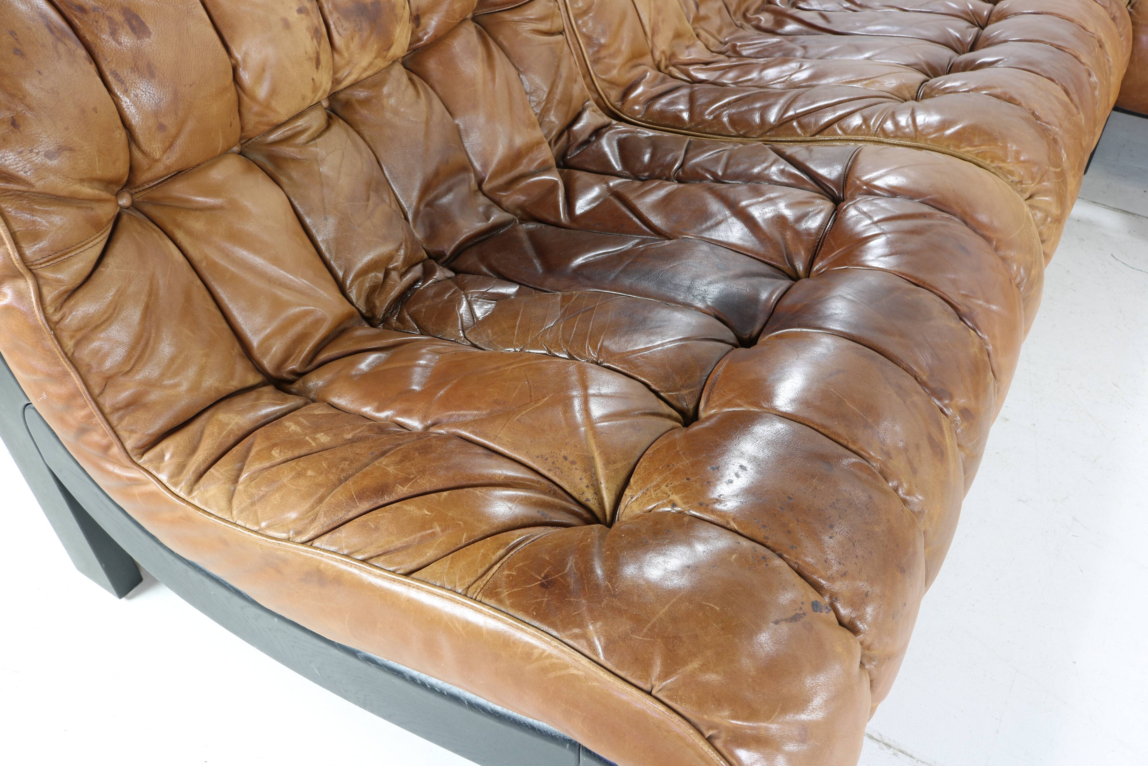 70s living room set in cognac brown leather with black wenge wood frame