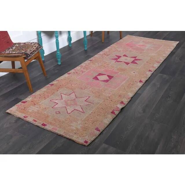Vintage Turkish Hand-Knotted Wool Cotton Pink Runner Rug 102x300