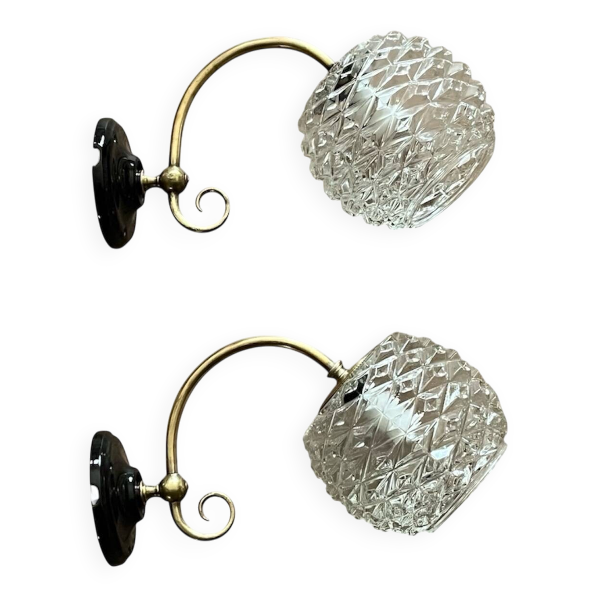 Pair of antique wall sconces with swan necks and glass globes.