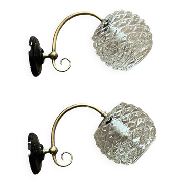 Paire d'appliques murales anciennes col de cygne globes en verre