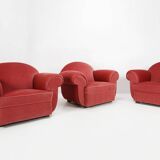 Set of 3 French Art Deco Red velvet Upholstered Armchairs, 1930s