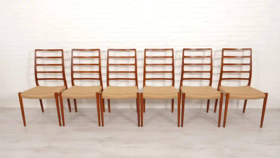 6 x vintage dining chairs | Niels Otto Møller | Model 82 | Papercord | Teak