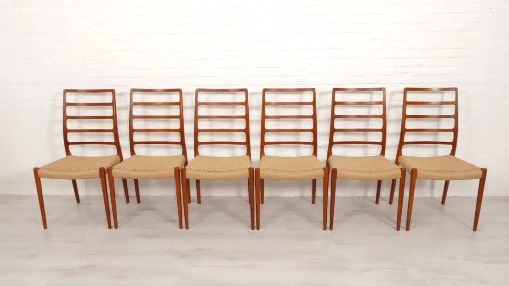 6 x vintage dining chairs | Niels Otto Møller | Model 82 | Papercord | Teak