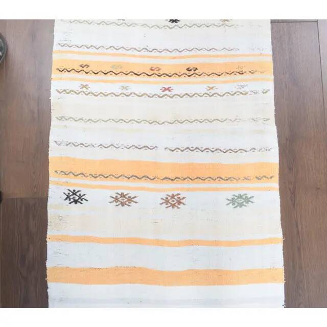 Vintage Turkish Oushak Handmade Wool Cotton White Kilim Runner Rug 67x254