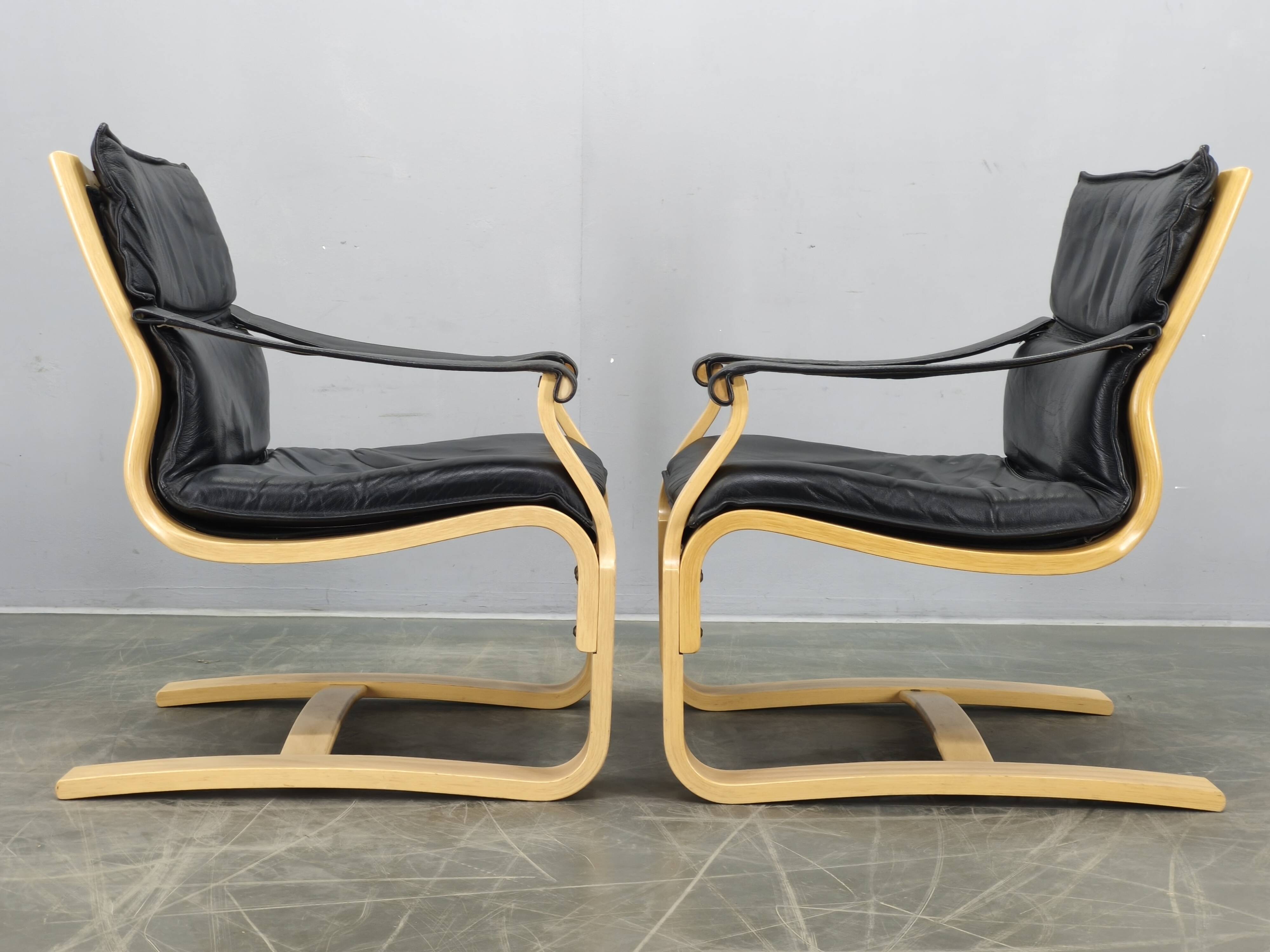 Pair of Leather Lounge Chairs by Åke Fribytter for Nelo Kroken 1960s