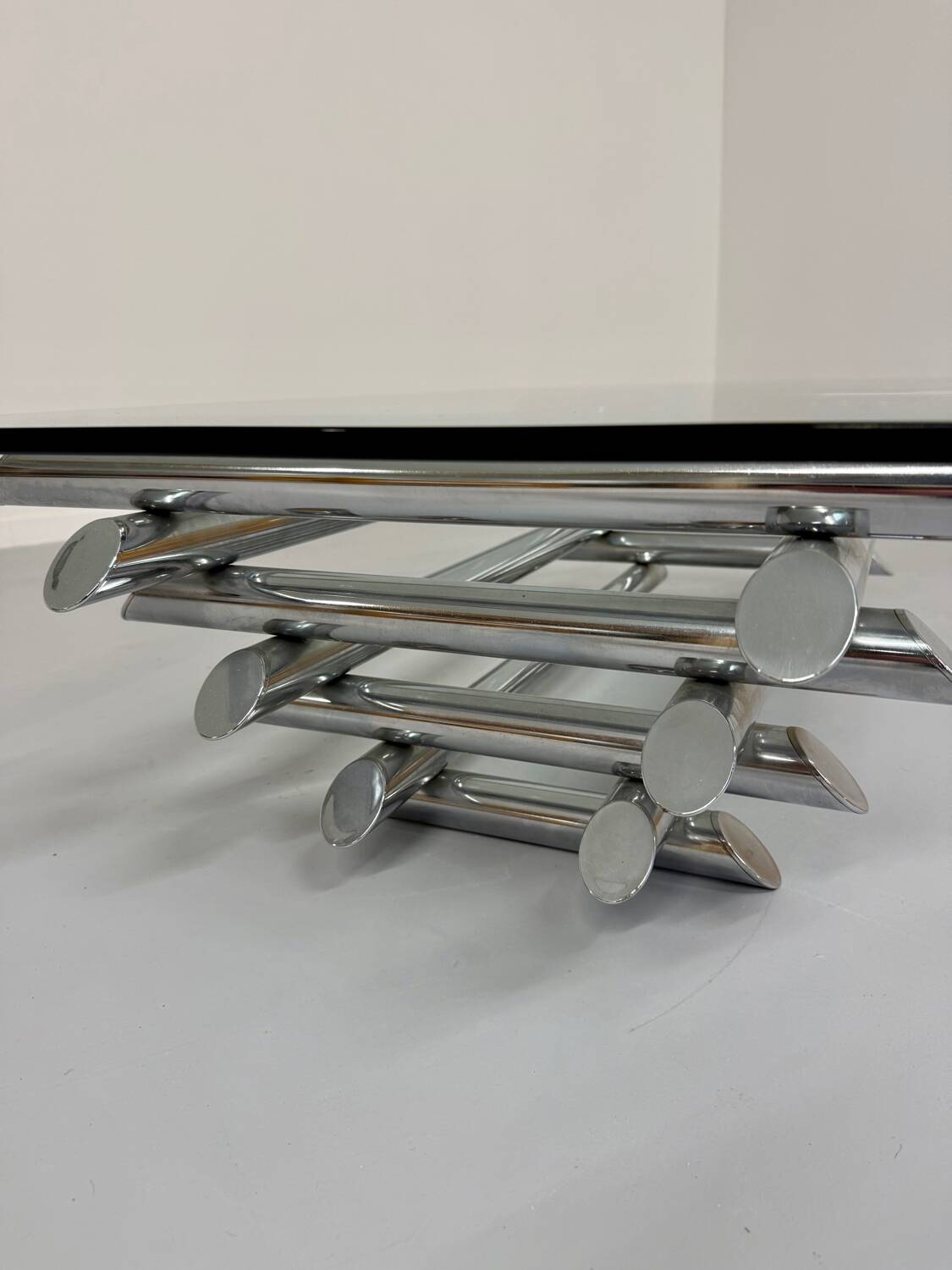 Space coffee table from the 70s, tubular metal and glass, Italian design