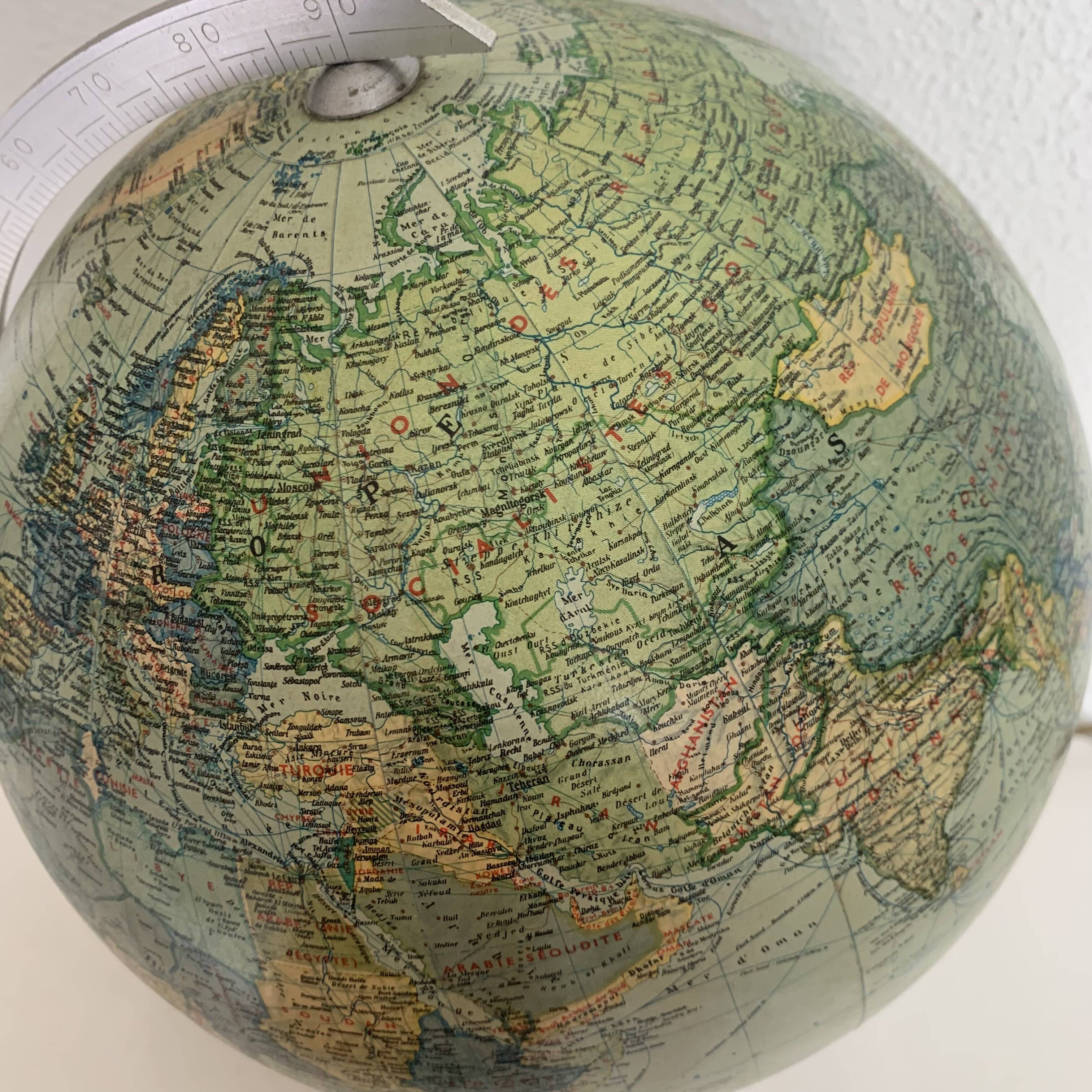 Globe vintage 1960 terrestre Verre JRO Verlag français - 35 cm