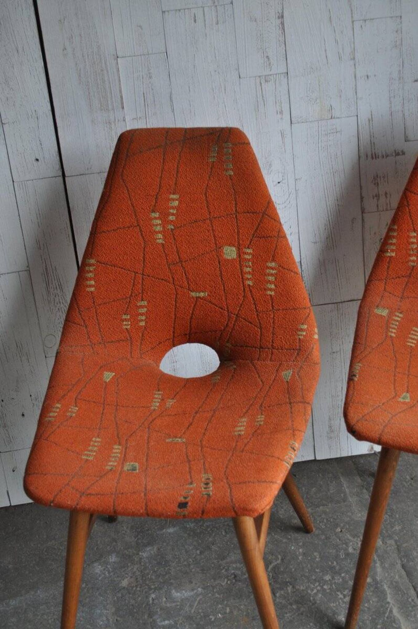 Pair of multicoloured fabric and wood Erika chairs — Judit Burián for SZKIV, 1959