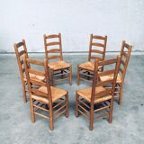 Rustic Oak and Rush High Ladder Back Dining Chairs, Belgium, 1950s, Set of 6