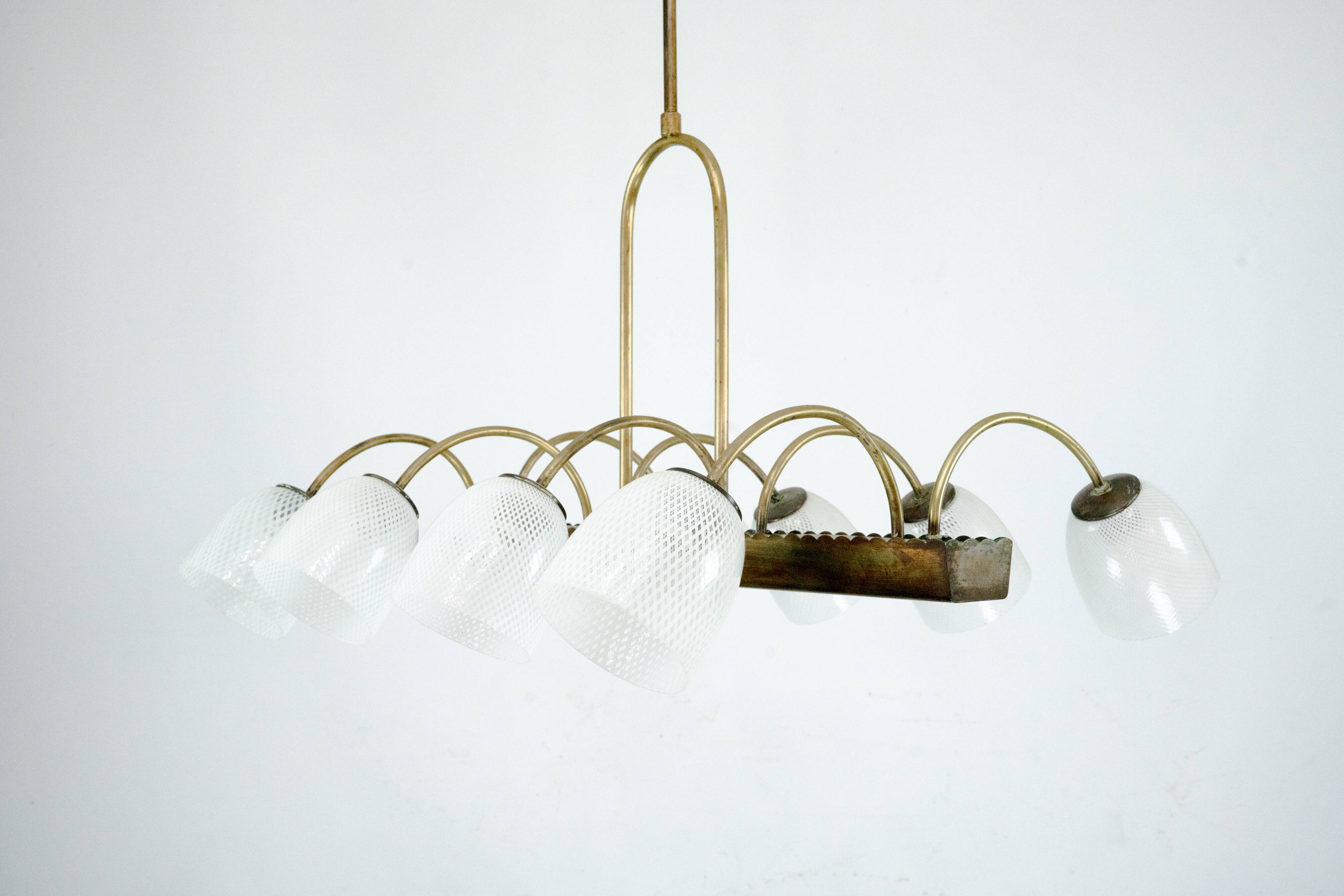 Mid-Century Venini Reticello Glass Chandelier, 8 Arms, Murano, Italy 1940s