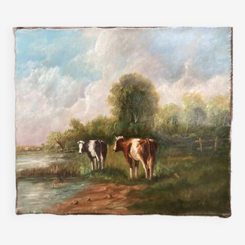 Tableau ancien - Deux vaches