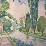 Pollet (a), aquarelle “canal au printemps” signée xxème