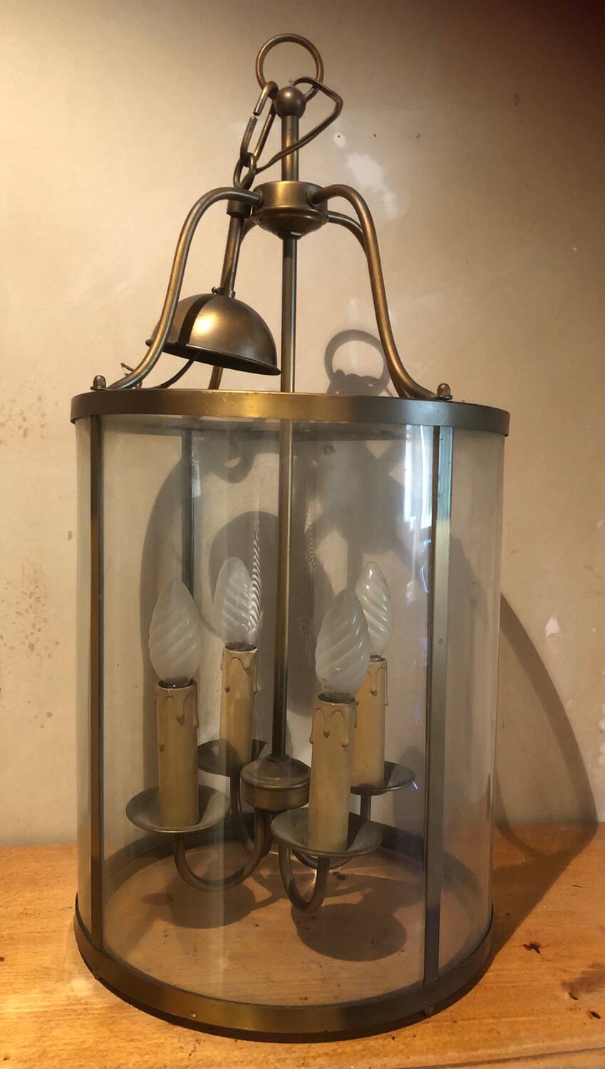 Large round lantern pendant in brass and glass