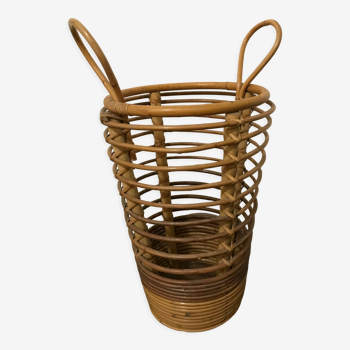 Umbrella holder with 2 handles in curved rattan and wood, circa 1960