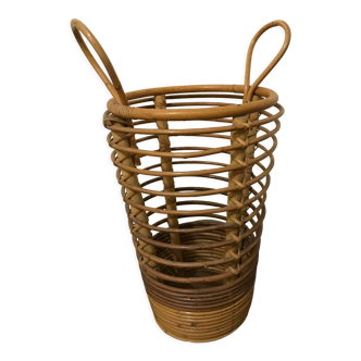 Umbrella holder with 2 handles in curved rattan and wood, circa 1960