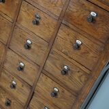 Large dutch oak apothecary cabinet / barber cabinet with enamel shields, 1900s