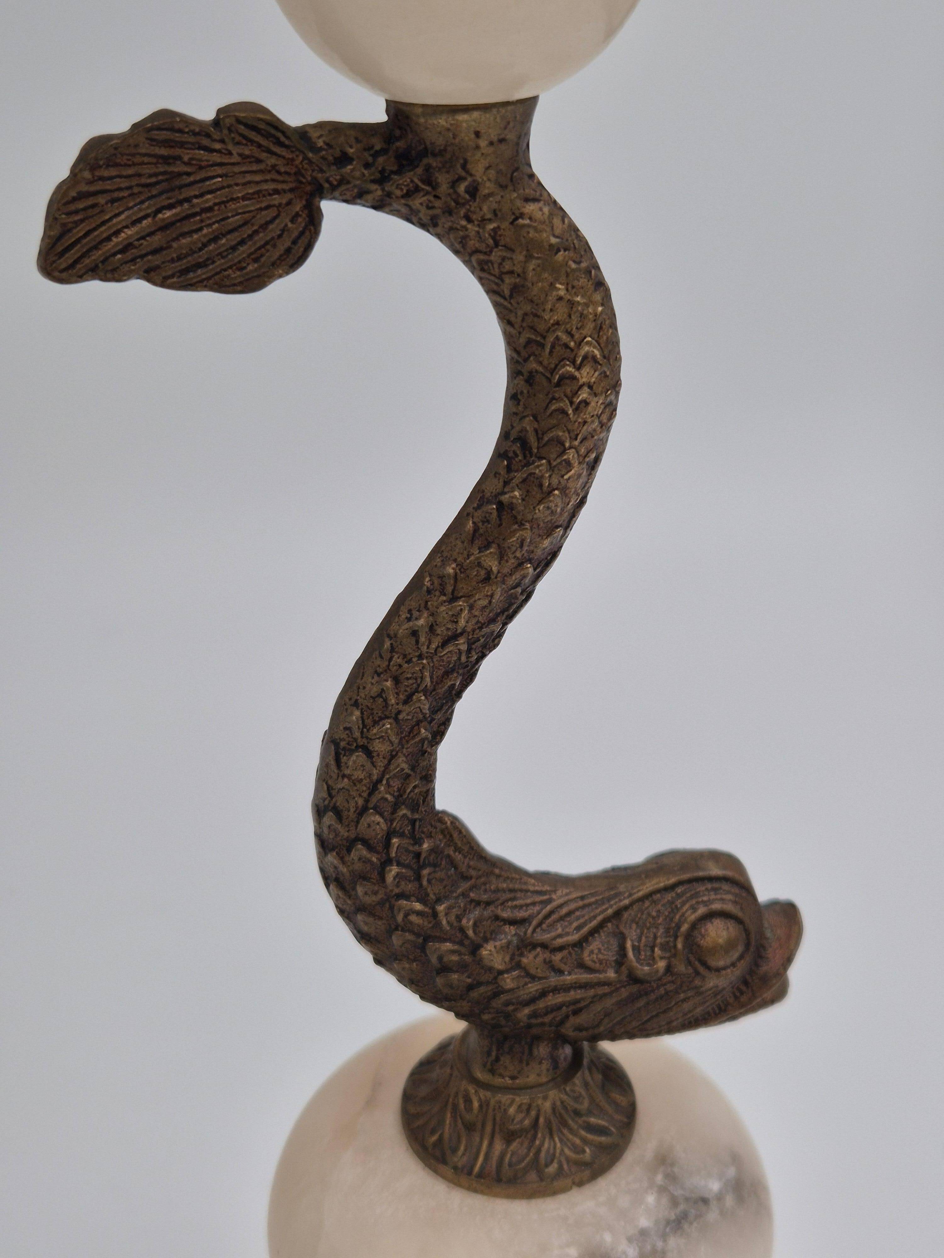 Sculptural table lamp in alabaster with fish/dolphin decoration, Swedish Grace