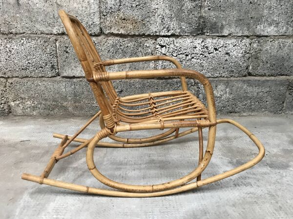 Rocking chair enfant en rotin bambou 1960