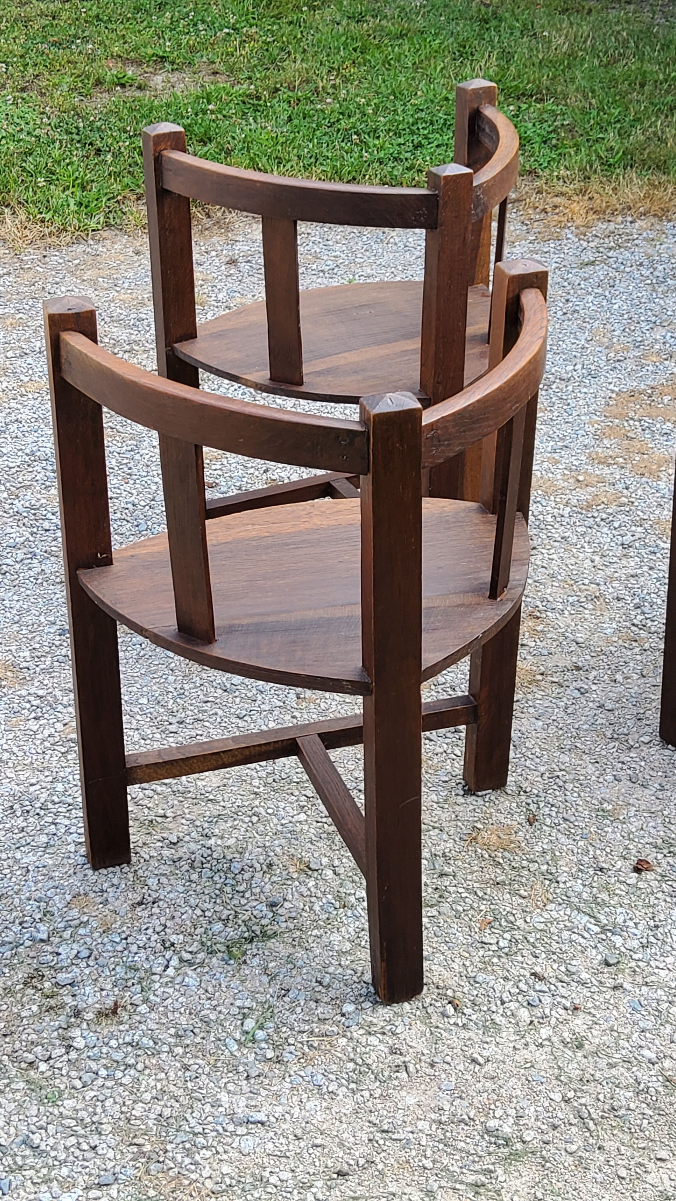 Set of three brutalist tripod armchairs in carved solid oak