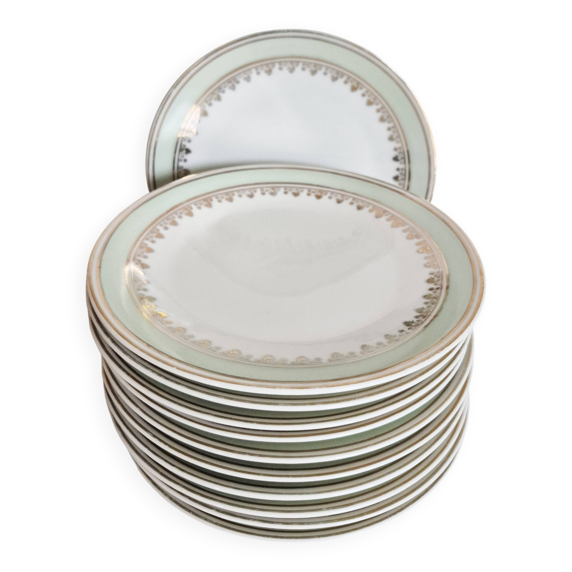 French porcelain dessert plates, green and gold.
