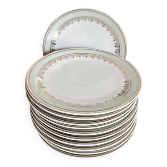 French porcelain dessert plates, green and gold.
