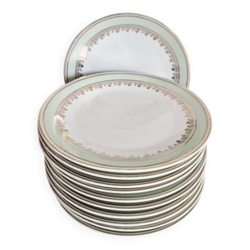 French porcelain dessert plates, green and gold.