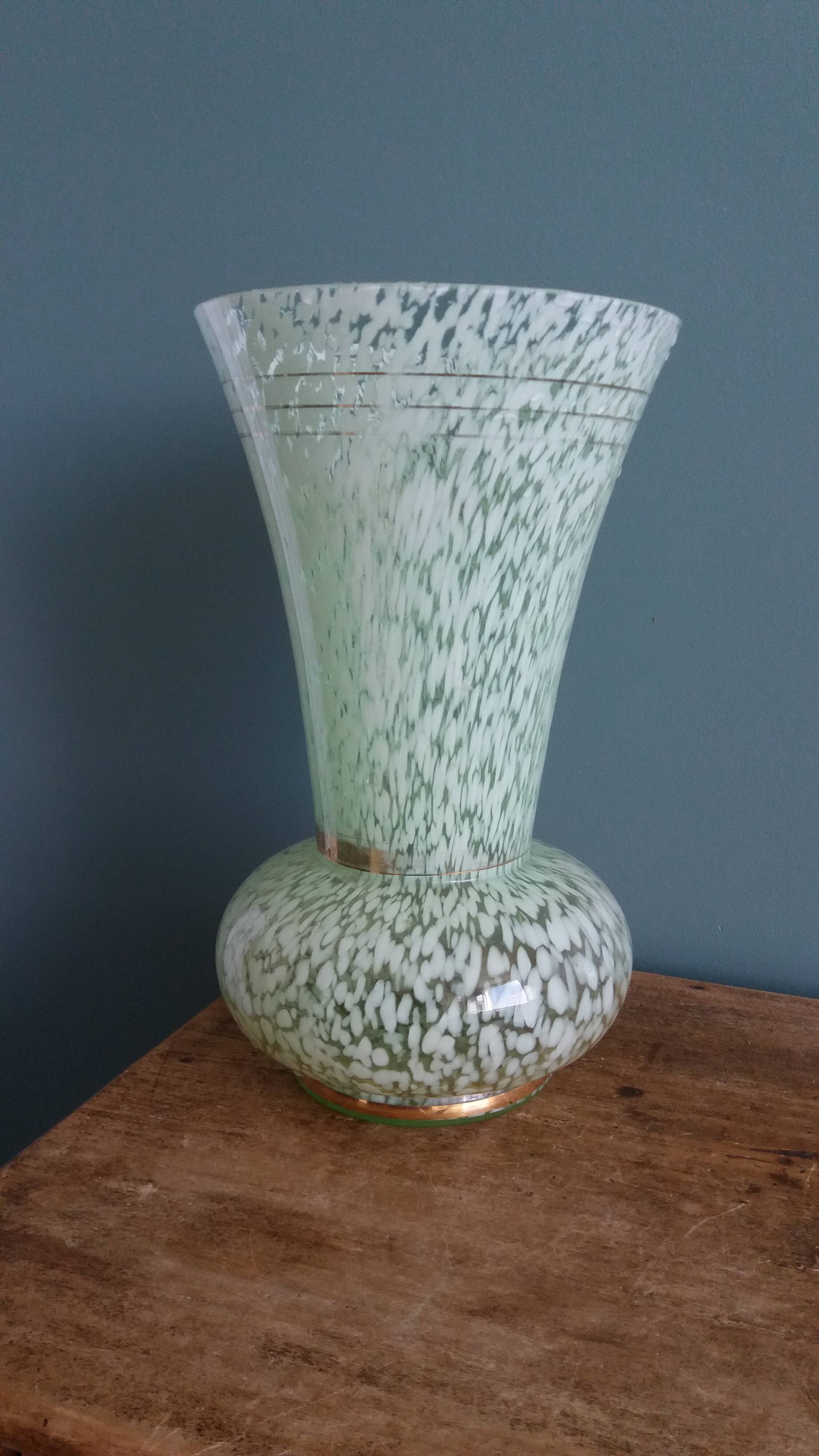 Green speckled glass vase from Clichy with gold threads.