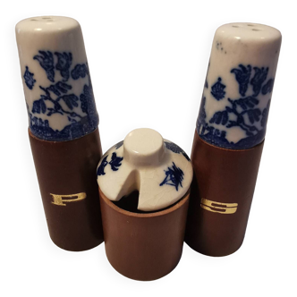 Vintage salt shaker, pepper shaker and mustard pot set in wood and ceramic