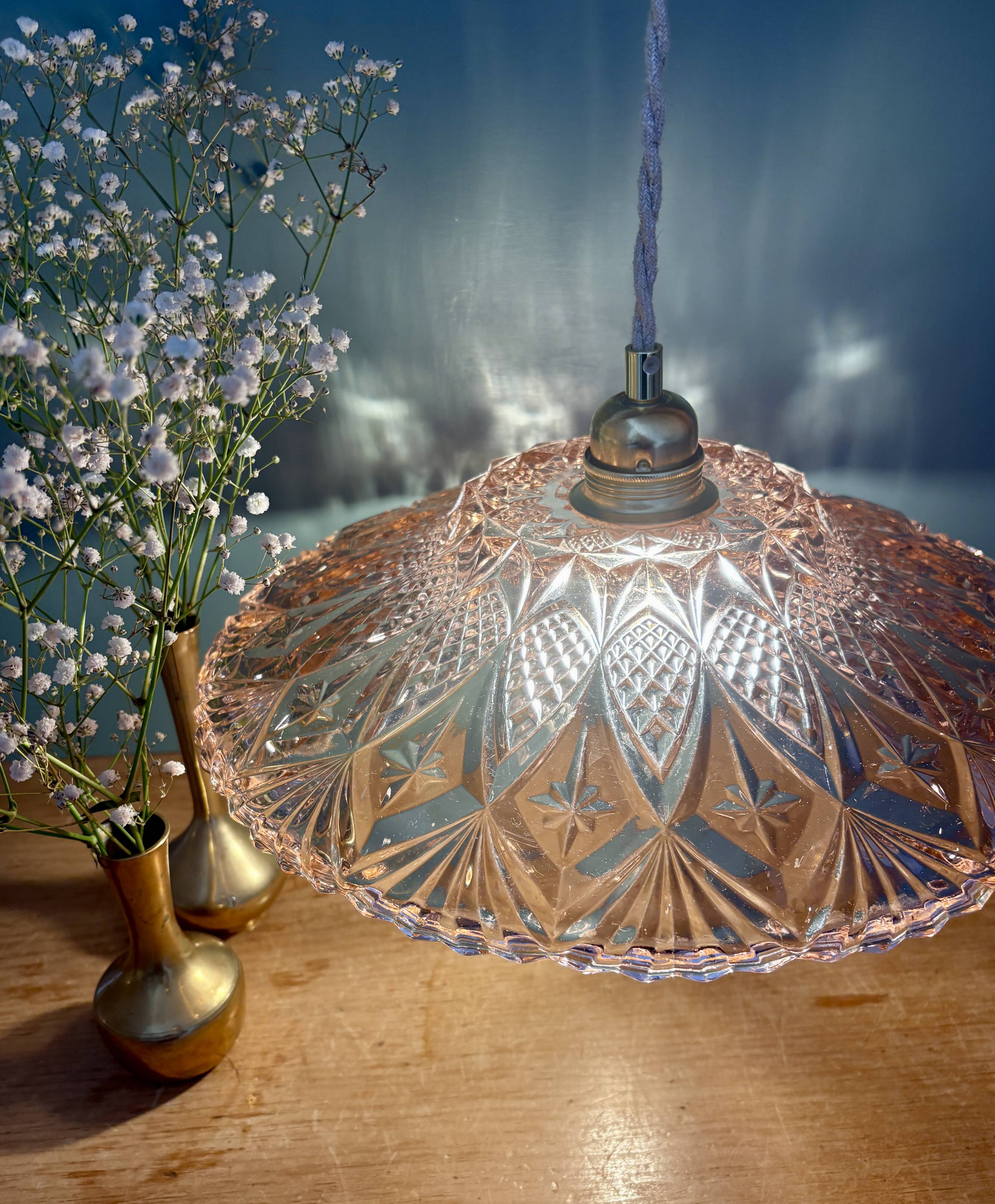 Vintage pink molded glass lampshade pendant light - tableware collection -