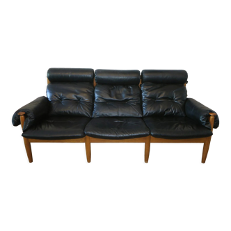 Erik Merthen black leather 3-seater sofa with ottoman, 1960s