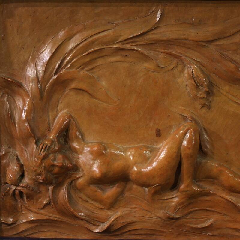 French terracotta bas-relief, Venus with Faun from 20th century