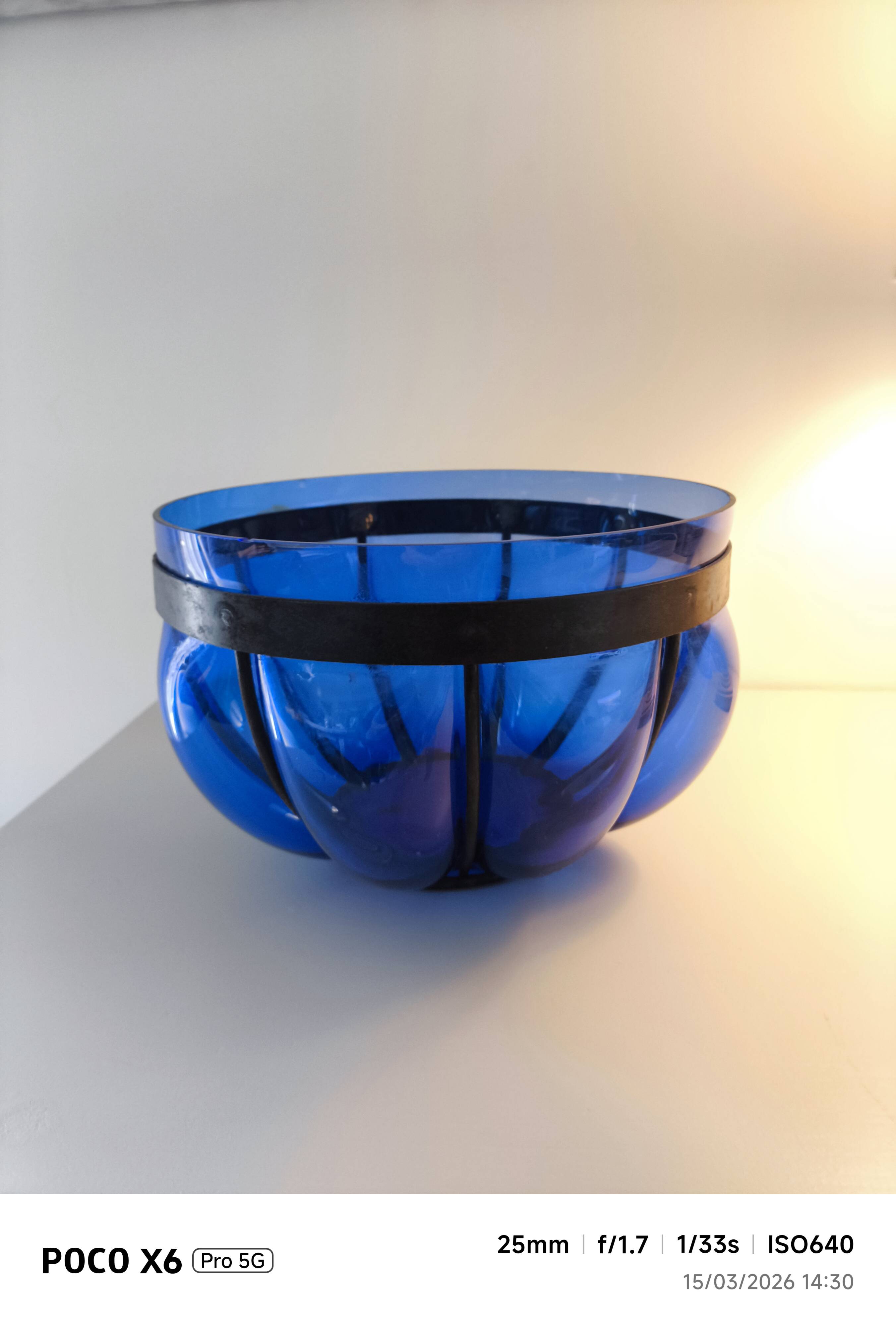Superb vintage blown glass bowl in cobalt blue with its iron frame.