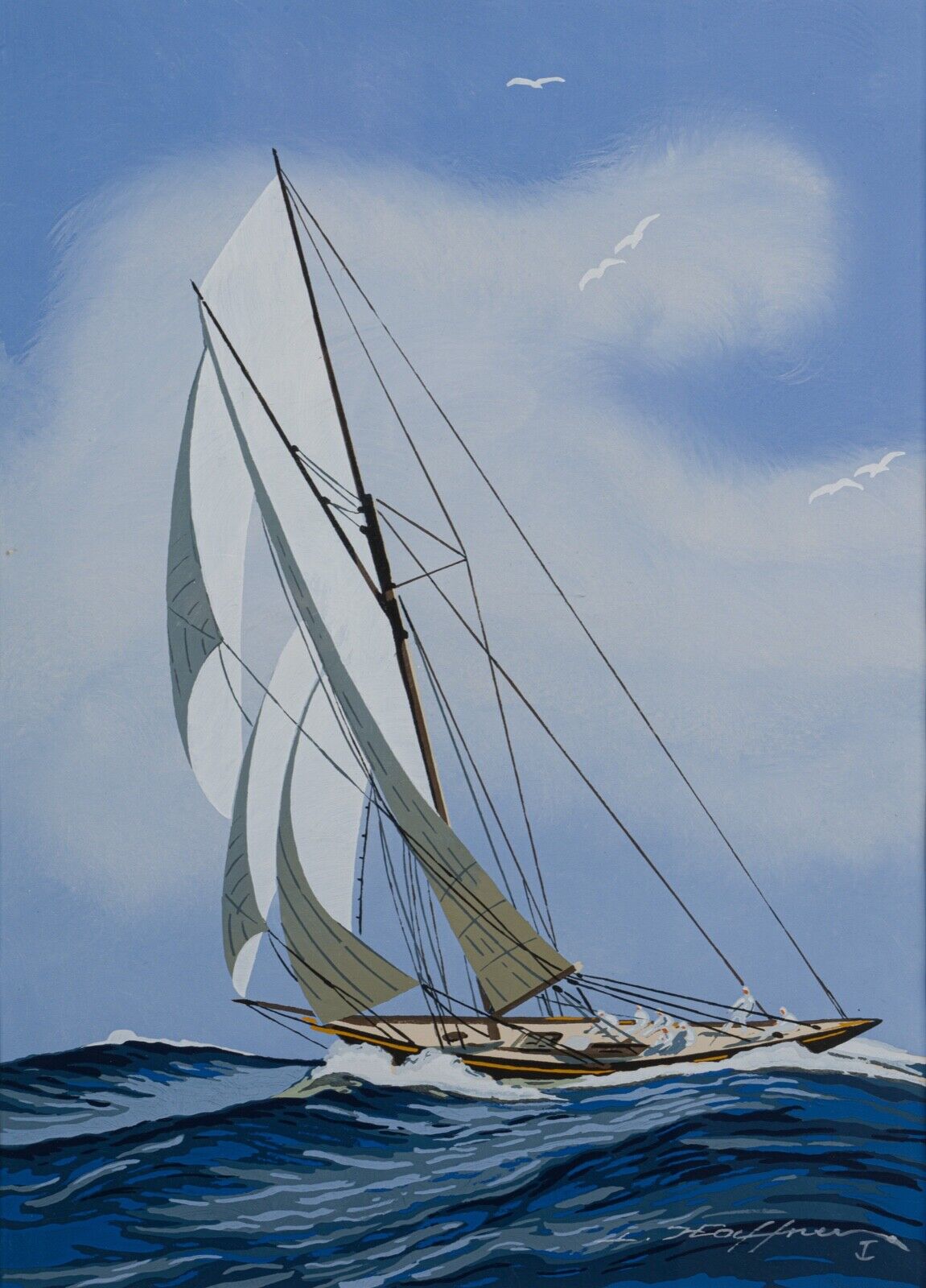 Stencil gouache by leon haffner representing a regatta boat