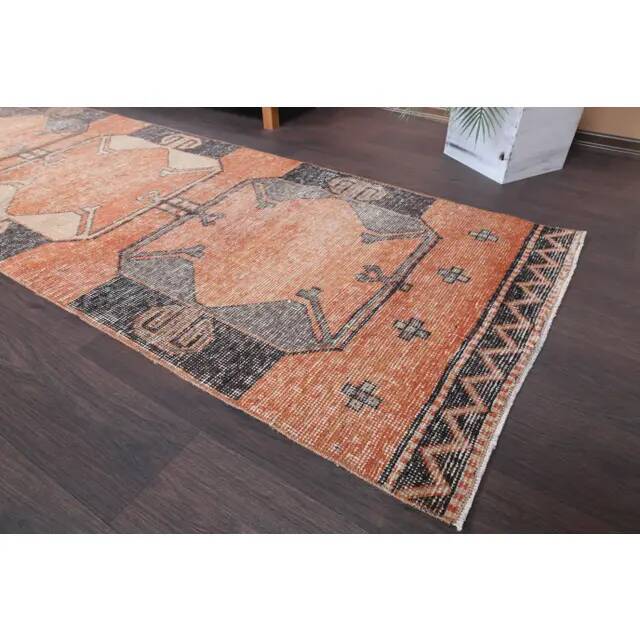 Vintage Turkish Hand-Knotted Wool Cotton Orange Runner Rug 83x305