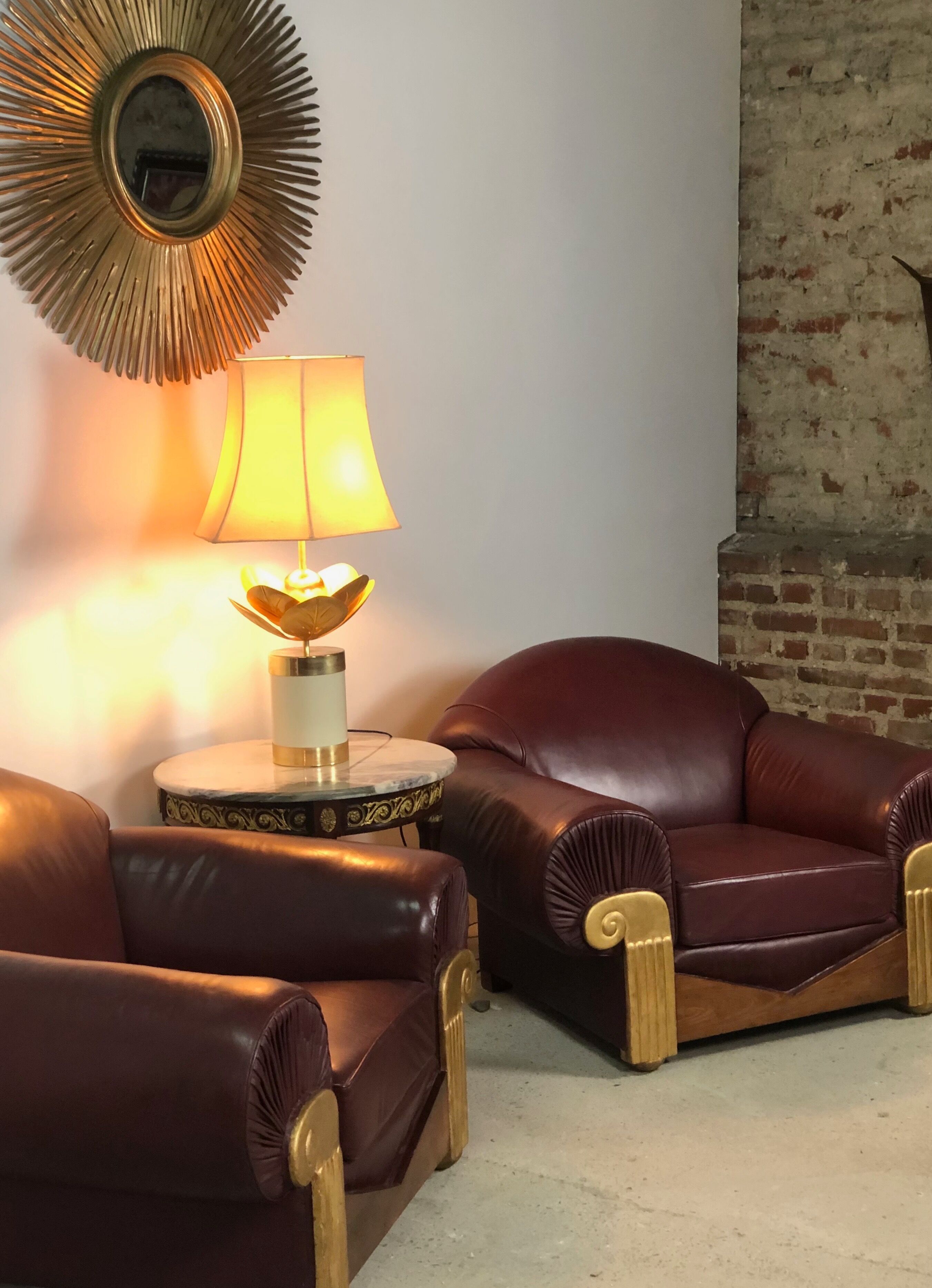 Armchairs (the pair) art deco style in wood and burgundy leather 1940