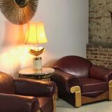 Armchairs (the pair) art deco style in wood and burgundy leather 1940