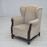 1960s, Danish wingback armchair, furniture velour, carved oak wood.