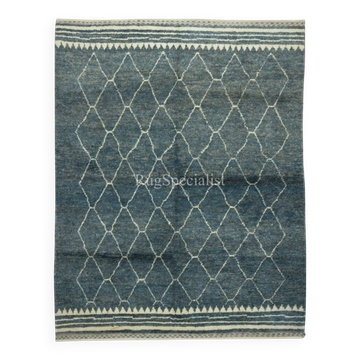 Modern Handmade Moroccan Berber Tulu Rug in Blue and Cream. Custom Options Available